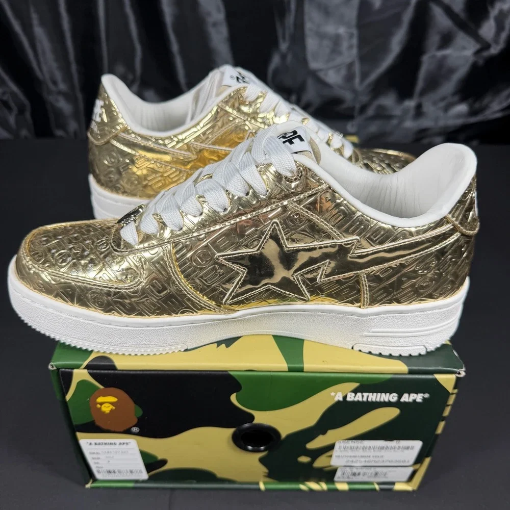 A Bathing Ape Bape Sta Gold Metallic Embossed Low Top Sneakers 1K80191305 Size 8